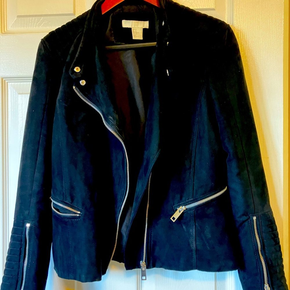 H&M Faux Suede Black Moto Jacket Size 10 Great Preowned Condition